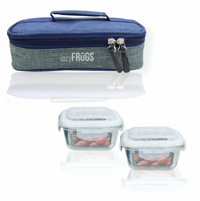 Lazyfrog's Elegance 2  Square Container Borosilicate Glass Lunch Box with Bag